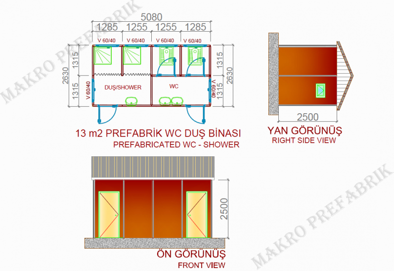 13m² Prefabrik WC & Duş Ünitesi