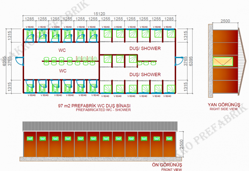 97m² Prefabrik WC & Duş Ünitesi